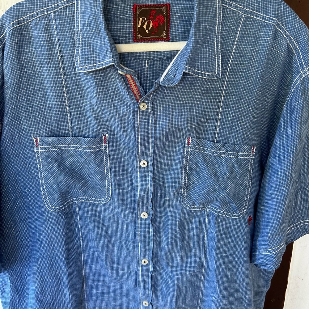 EQ Rooster Men’s 2X Short Sleeve Button Down Linen Top Lightweight Cool Blue